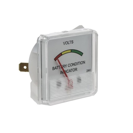 Voltmètre à aiguille et zone de couleur (vert-orange-rouge) pour indication du niveau de charge des batteries.